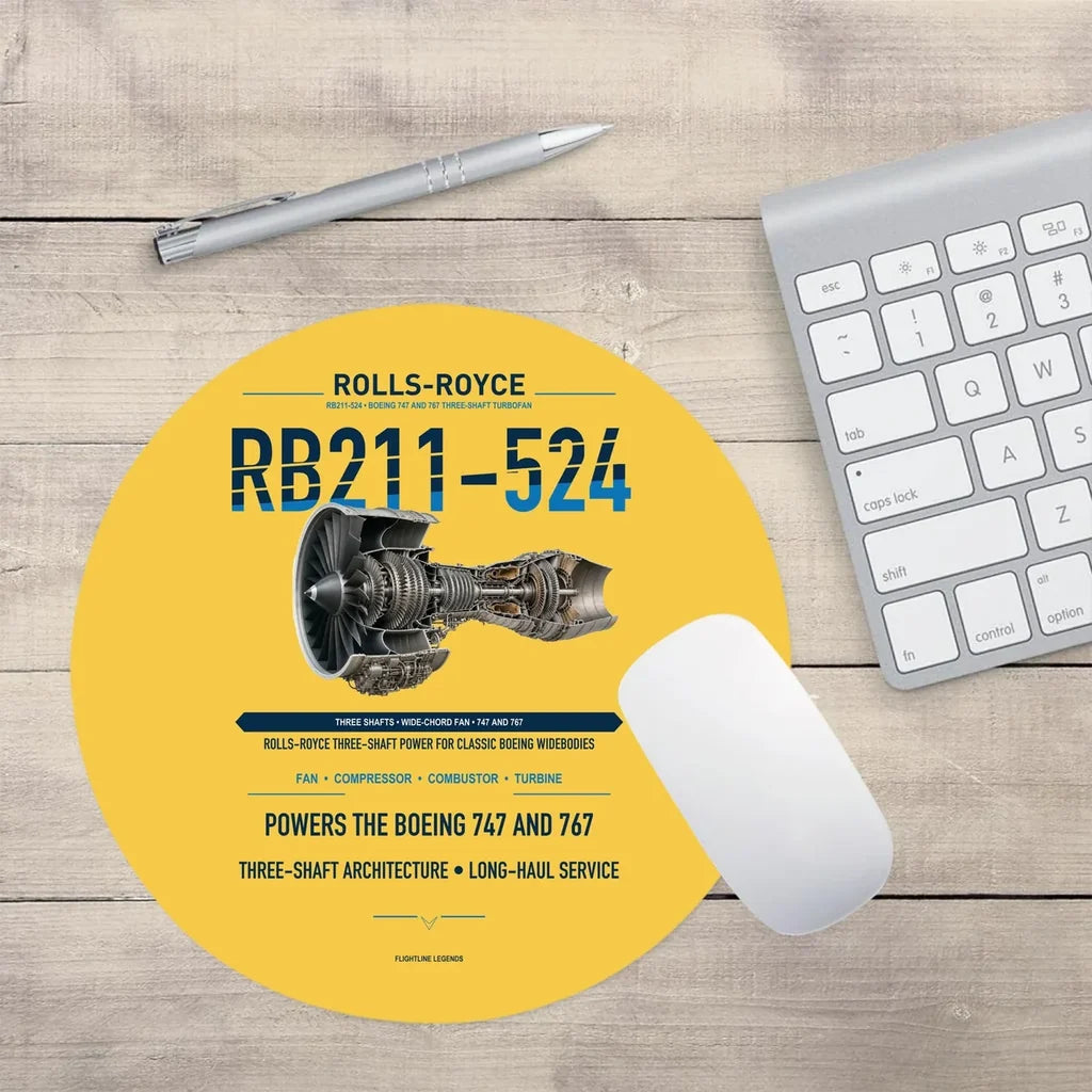 RB211-524 design on yellow round mouse pad
