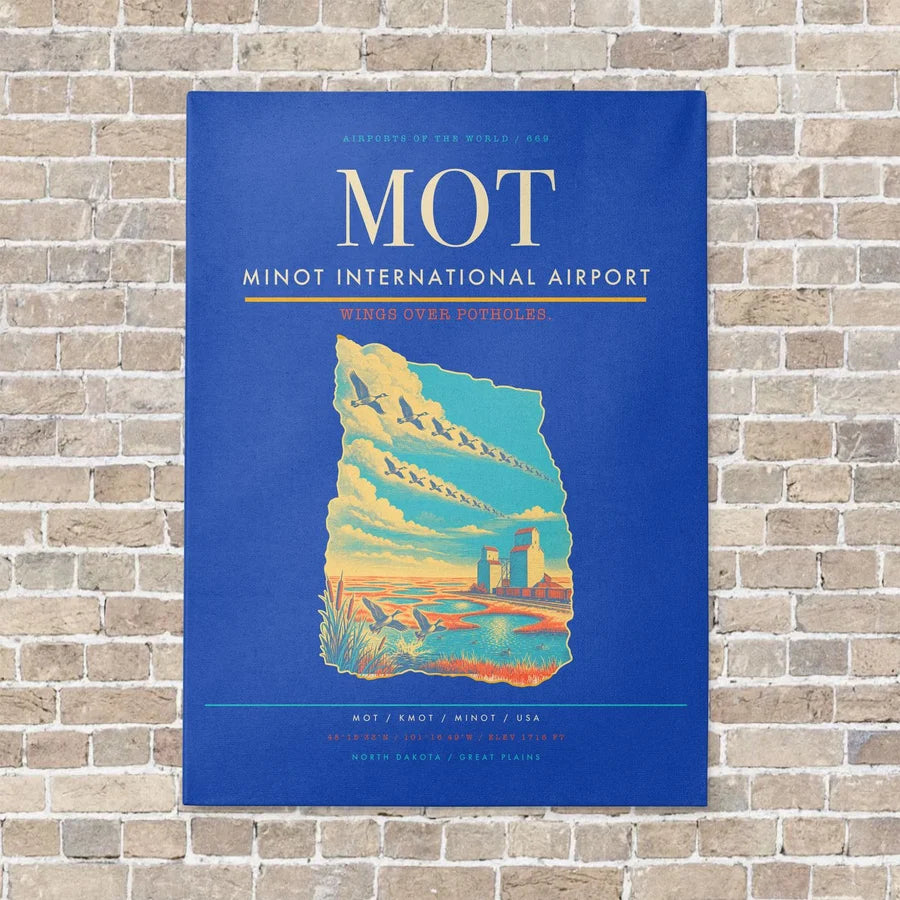 Minot International Airport MOT vertical canvas print - no frame - blue background
