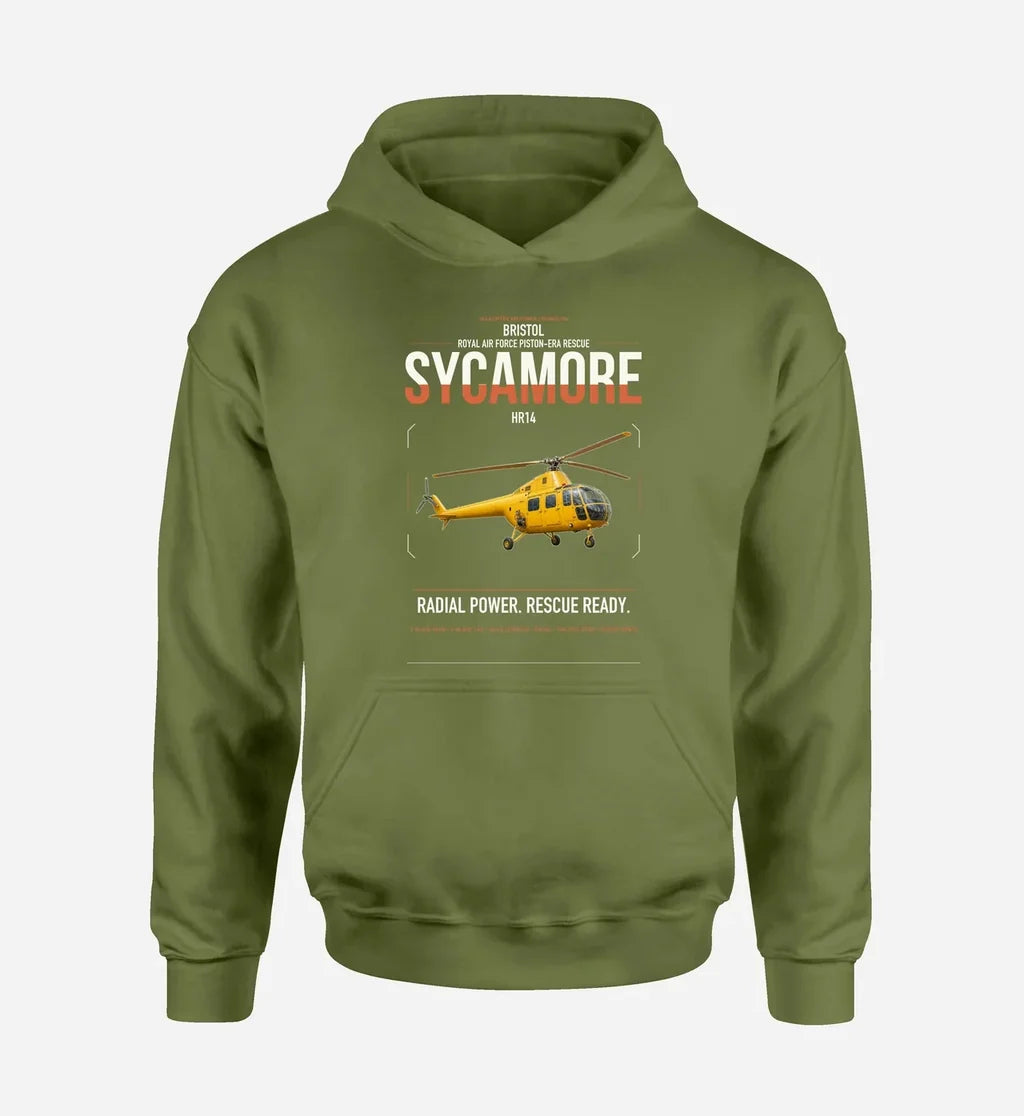 Bristol Sycamore HR14 design on green army double-side hoodie, single-side print
