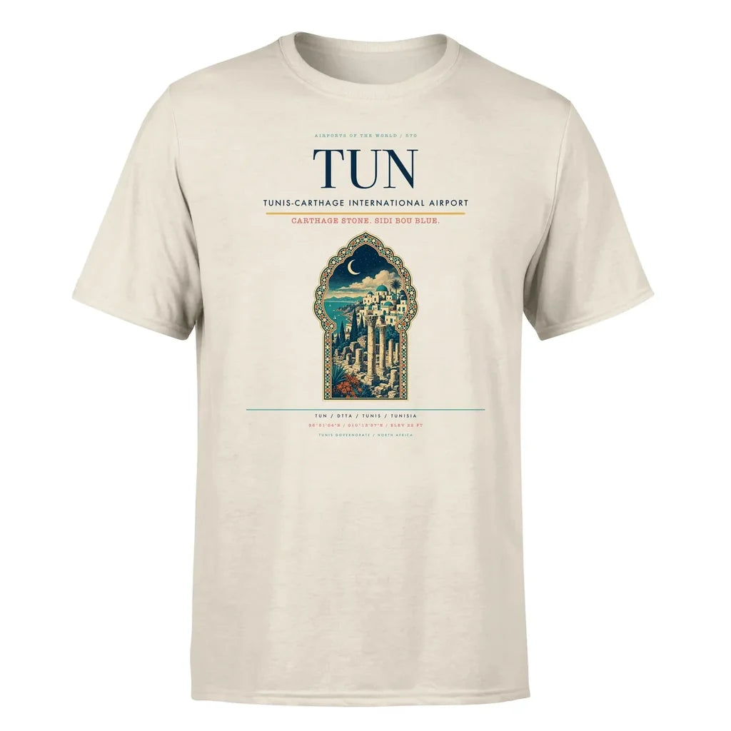 Tunis-Carthage International Airport (TUN) T-Shirt single-side front print in Beige | tunis-carthage-international-airport-tun-double-side-t-shirt
