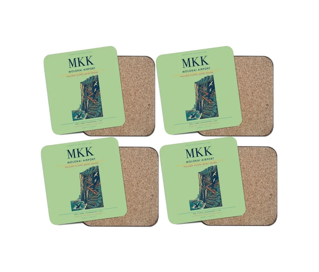 Molokai Airport (MKK) design on light green 4 pieces set coaster