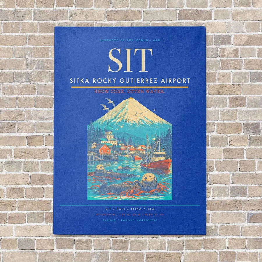 Sitka Rocky Gutierrez Airport SIT vertical canvas print - no frame - blue background