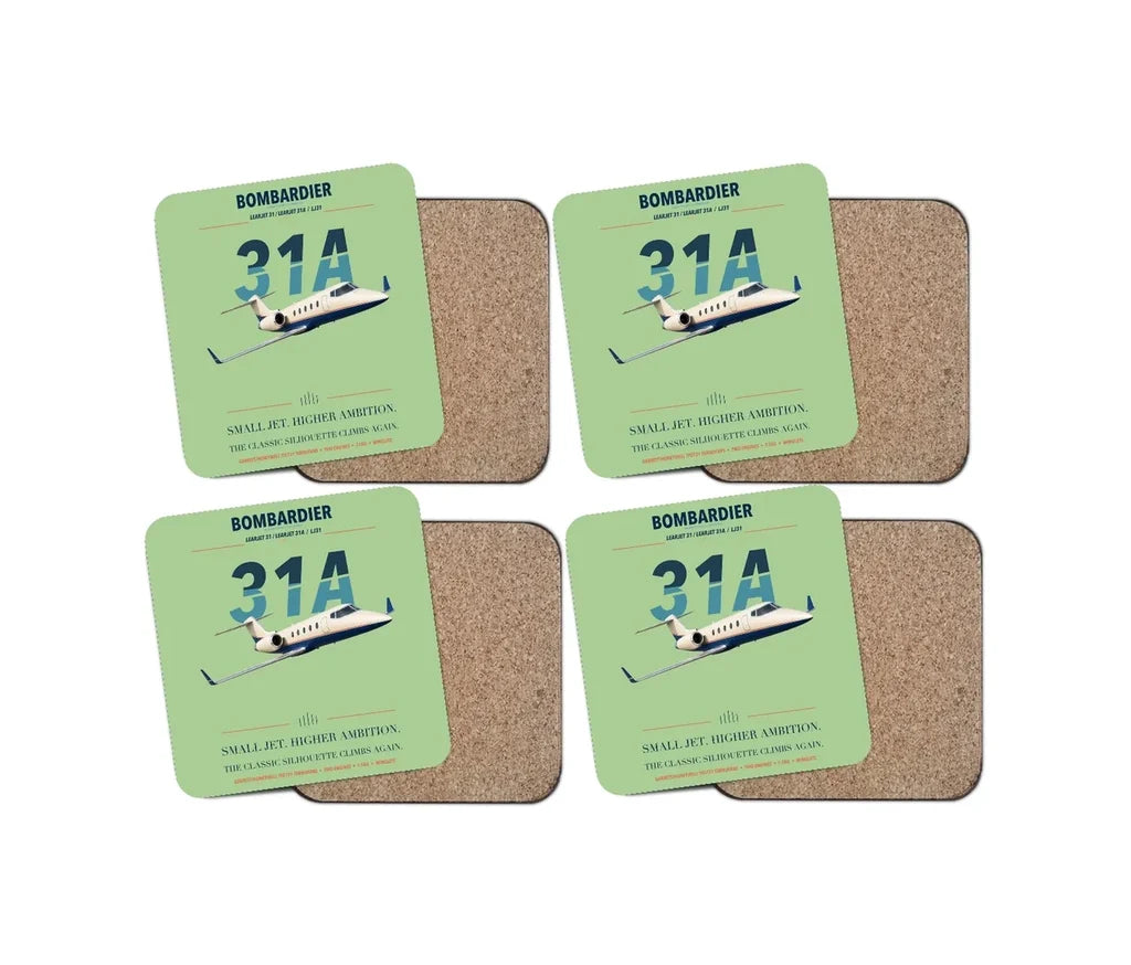Bombardier Learjet 31A design on light green 4 pieces set coaster