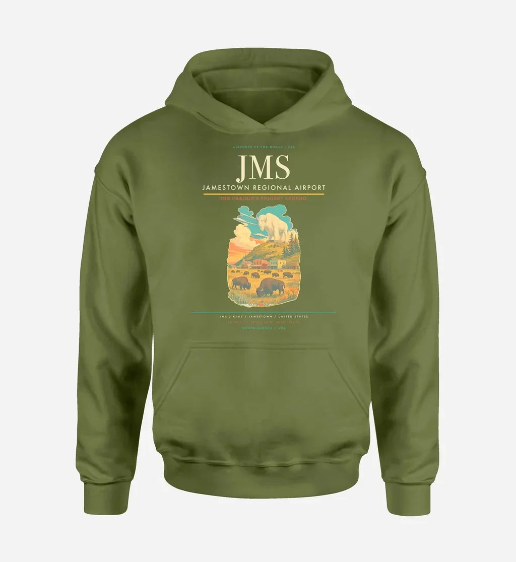 Jamestown Regional Airport (JMS) design on green army hoodie single-side print