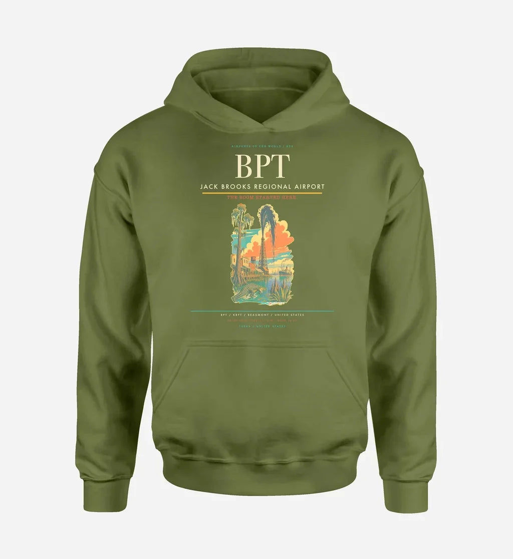 Jack Brooks Regional Airport (BPT) design on green army hoodie single-side print