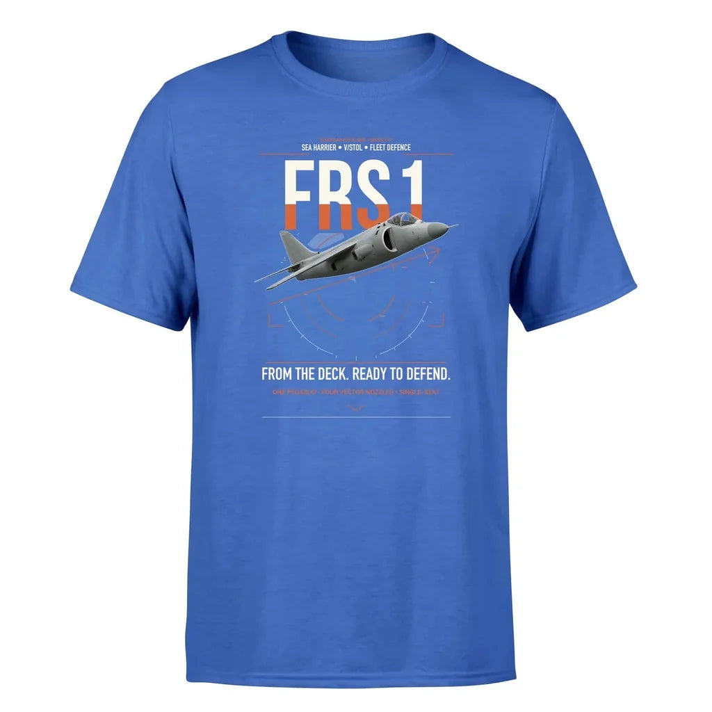 British Aerospace Sea Harrier FRS.1 design on blue t-shirt, single-side print