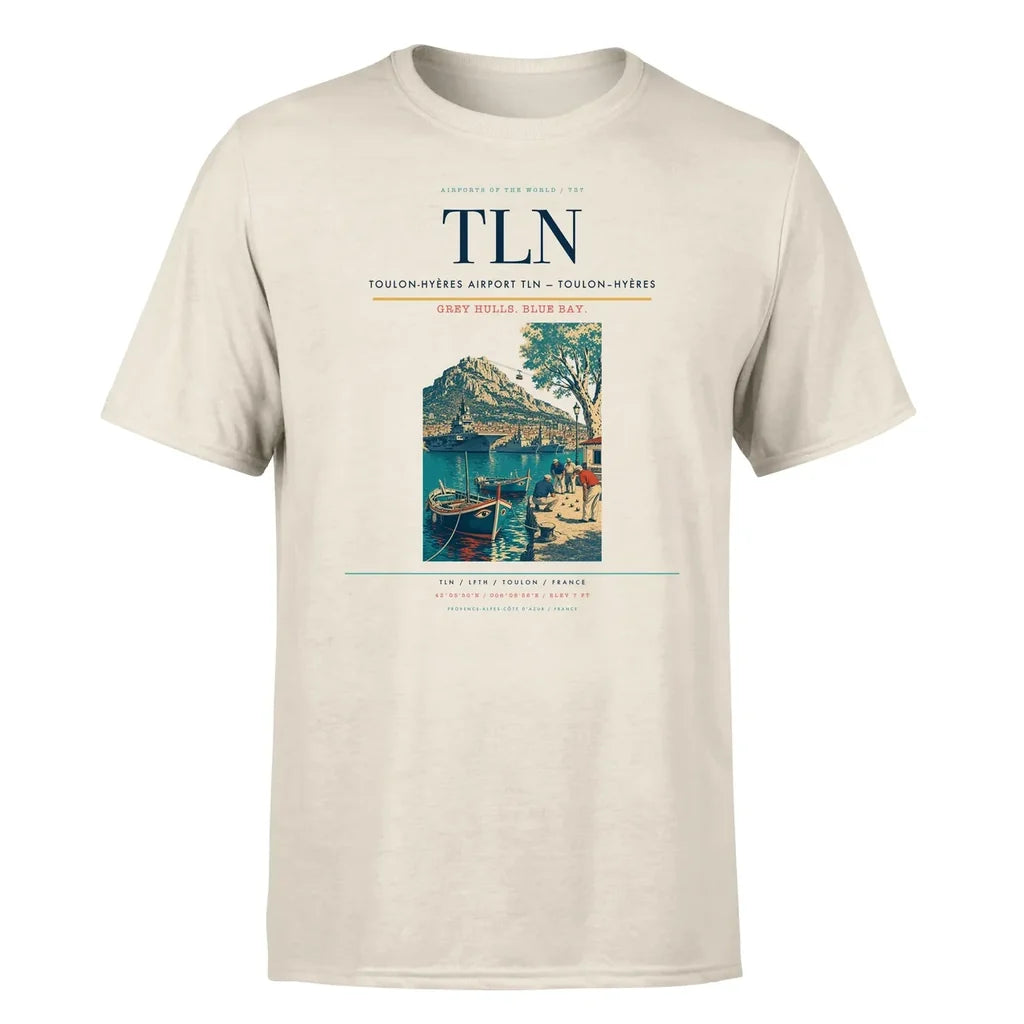 Toulon-Hyères Airport (TLN) T-Shirt single-side front print in Beige | toulon-hyères-airport-tln-double-side-t-shirt