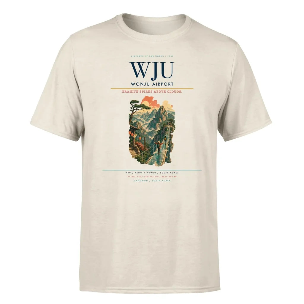 Wonju Airport (WJU) T-Shirt single-side front print in Beige | wonju-airport-wju-double-side-t-shirt