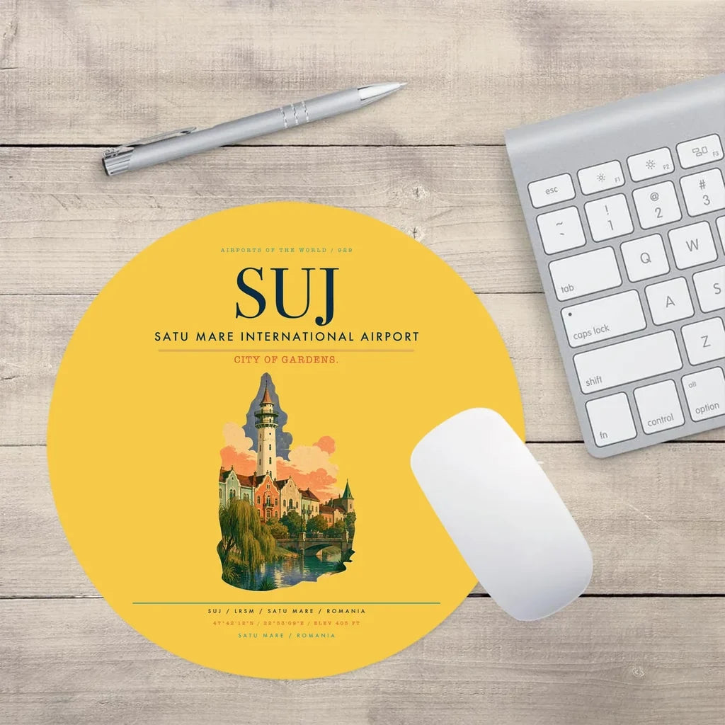 Satu Mare International Airport (SUJ) design on yellow round mouse pad