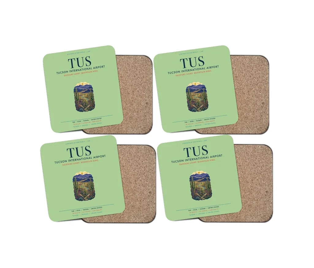 Tucson International Airport (TUS) design on light green 4 pieces set coaster