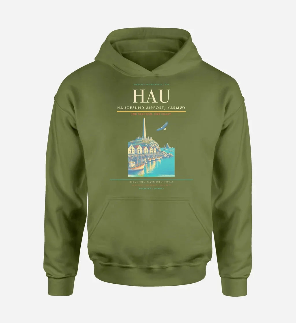 Haugesund Airport, Karmøy (HAU) design on green army hoodie single-side print
