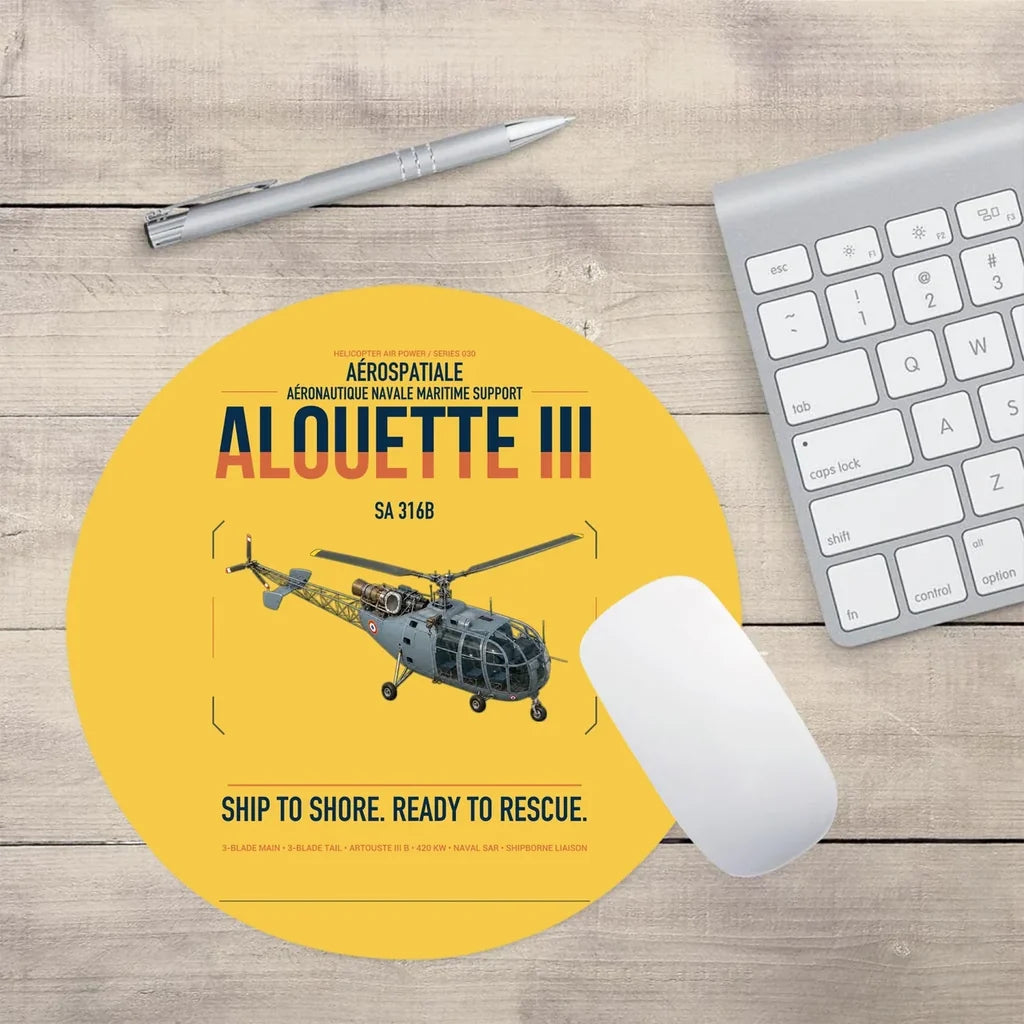 Aérospatiale SA 316B Alouette III design on yellow round mouse pad