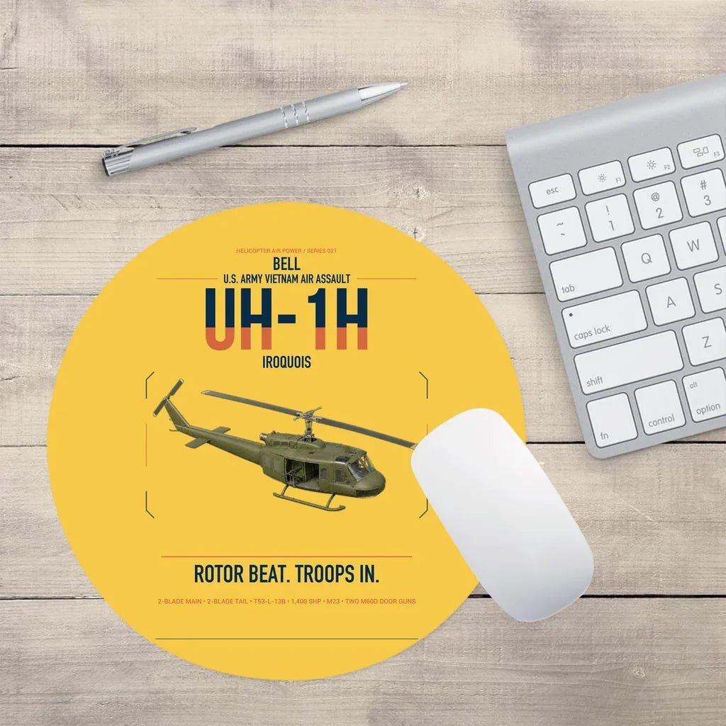 Bell UH-1H Iroquois design on yellow round mouse pad