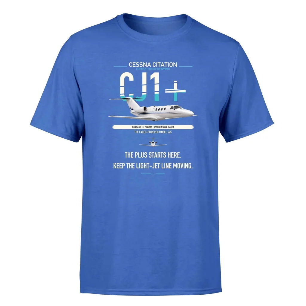 Cessna Citation CJ1+ design on blue double-side t-shirt, single-side print