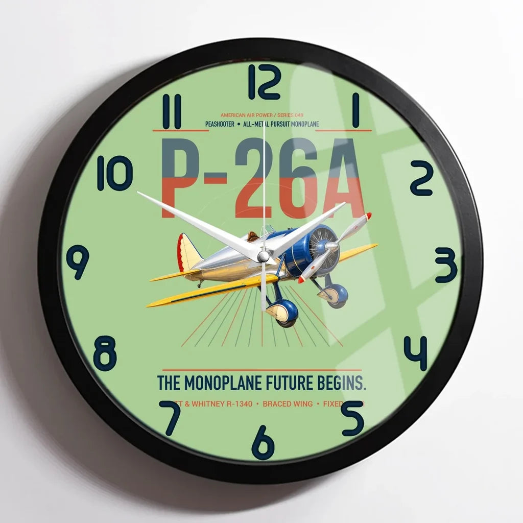 Boeing P-26A Peashooter design on light green framed wall clock
