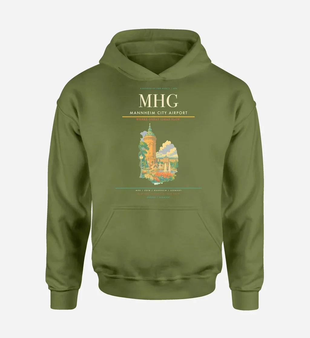 Mannheim City Airport (MHG) design on green army hoodie single-side print