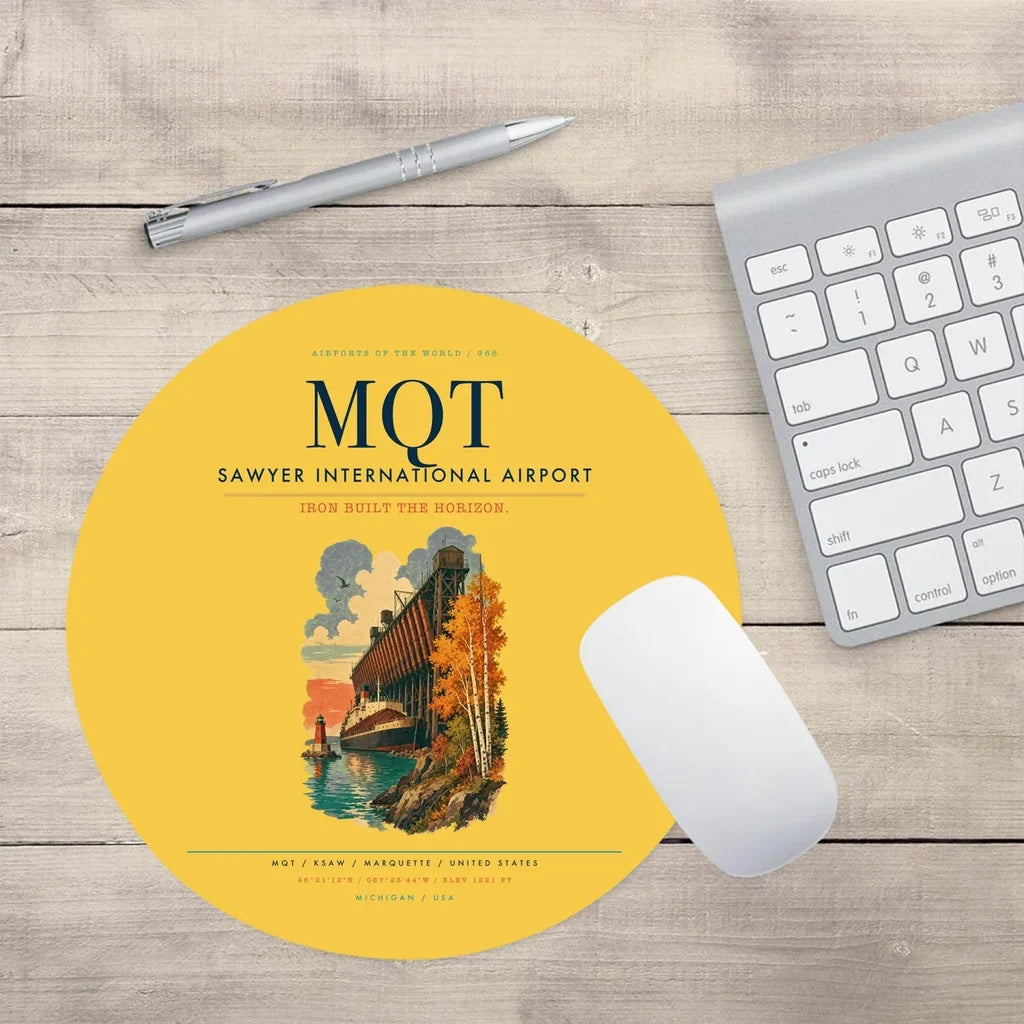 Sawyer International Airport (MQT) design on yellow round mouse pad