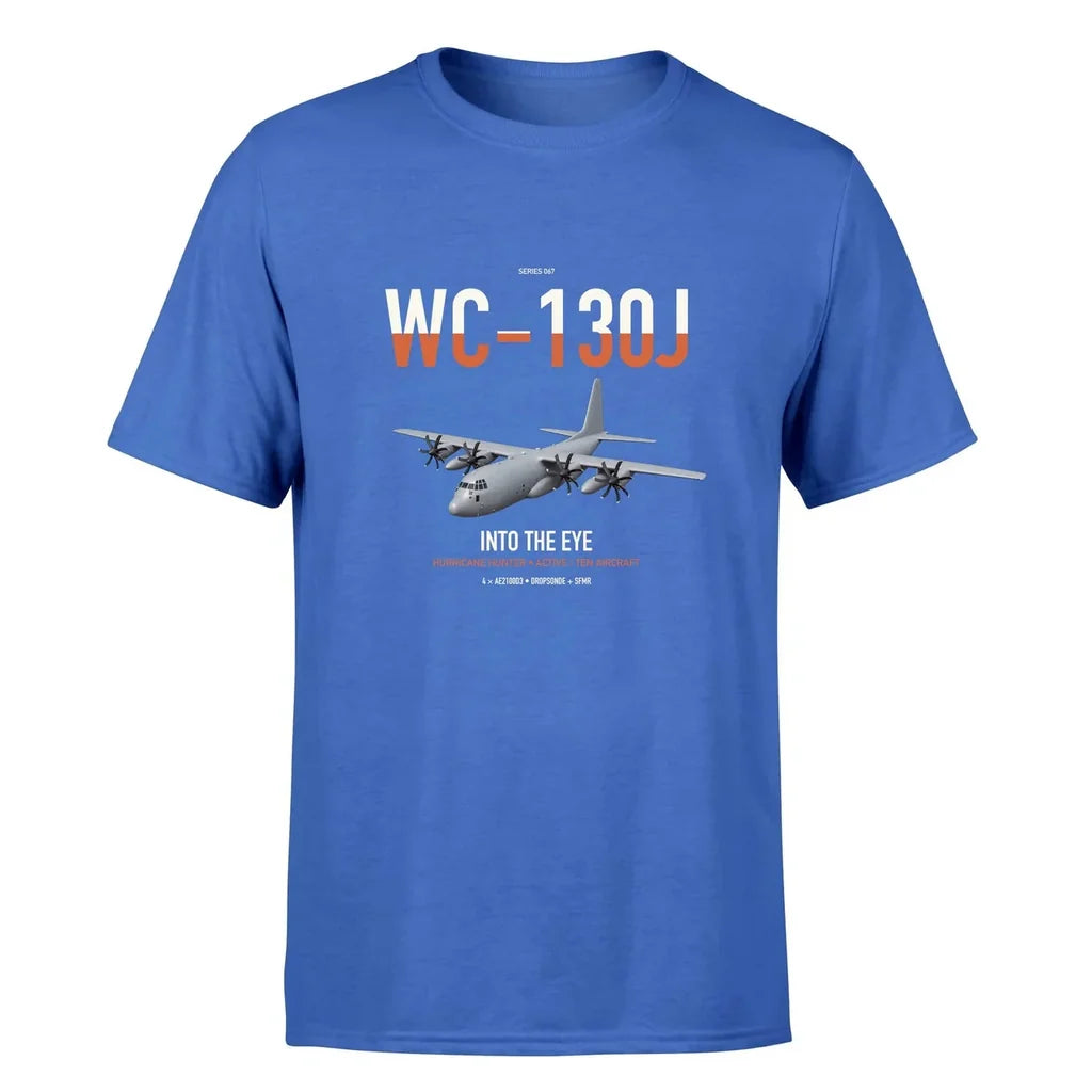 WC-130J Hurricane Hunter design on blue double-side t-shirt, single-side print