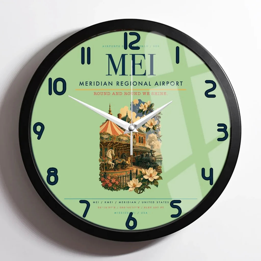 Meridian Regional Airport (MEI) design on light green framed wall clock