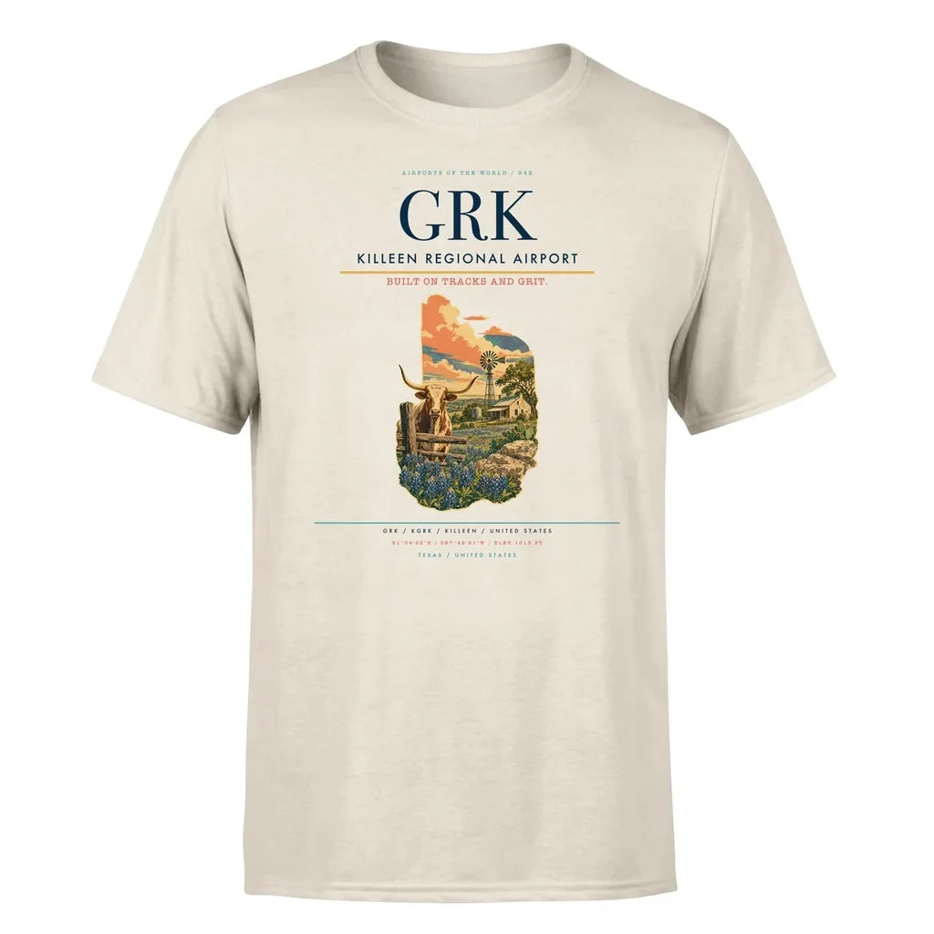 Killeen Regional Airport (GRK) T-Shirt single-side front print in Beige | killeen-regional-airport-grk-double-side-t-shirt