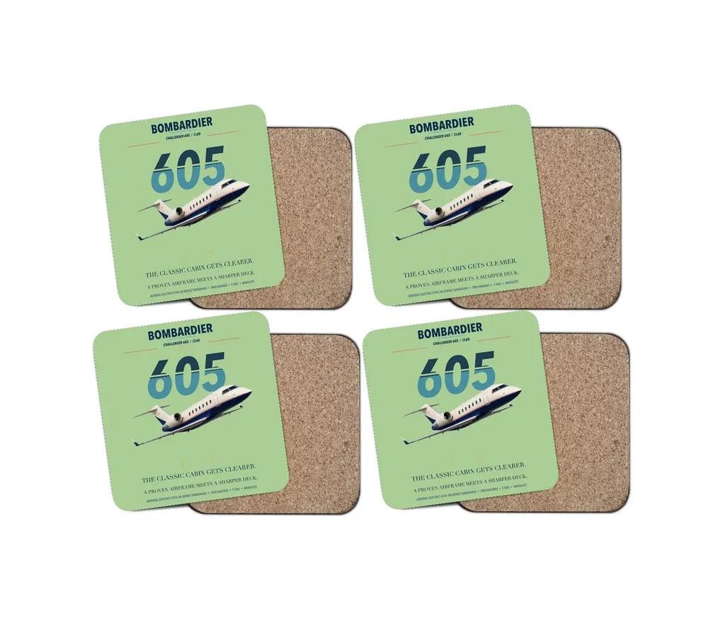 Bombardier Challenger 605 design on light green 4 pieces set coaster