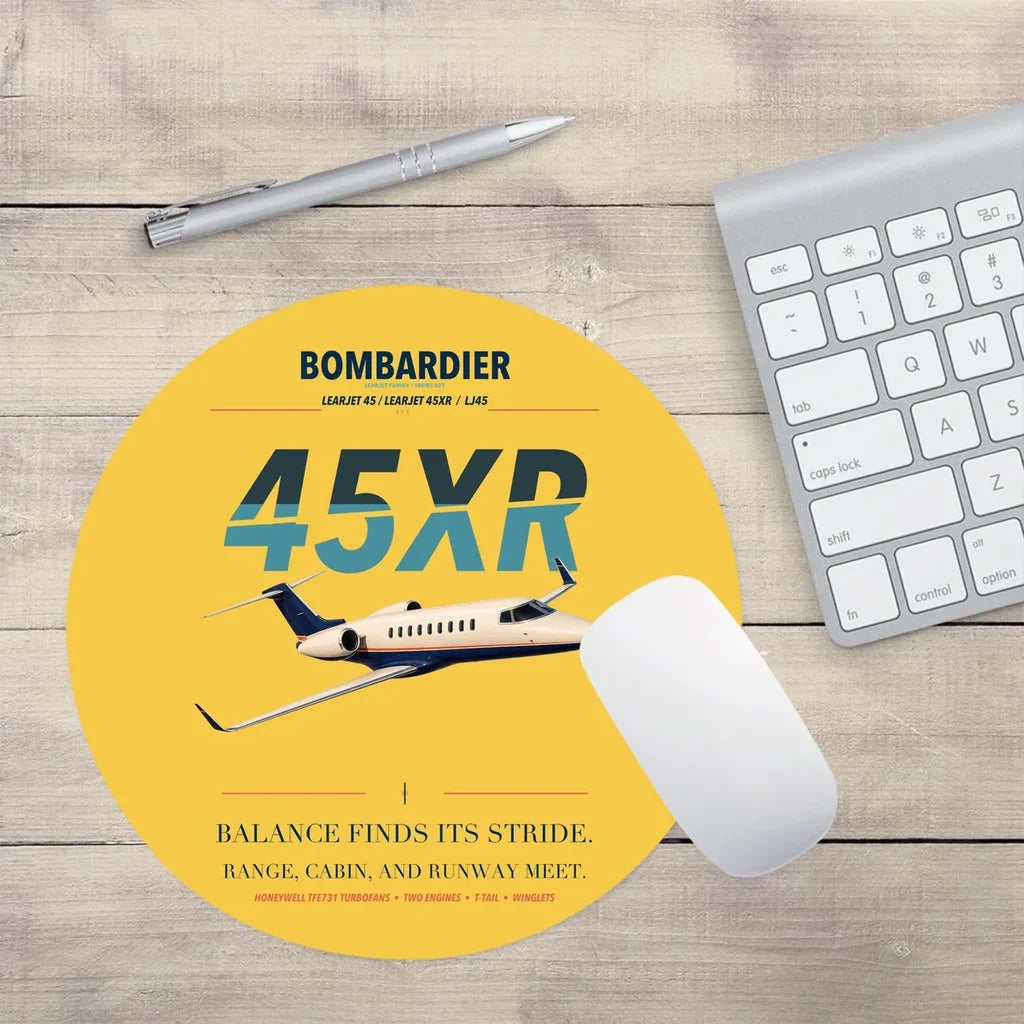 Bombardier Learjet 45XR design on yellow round mouse pad