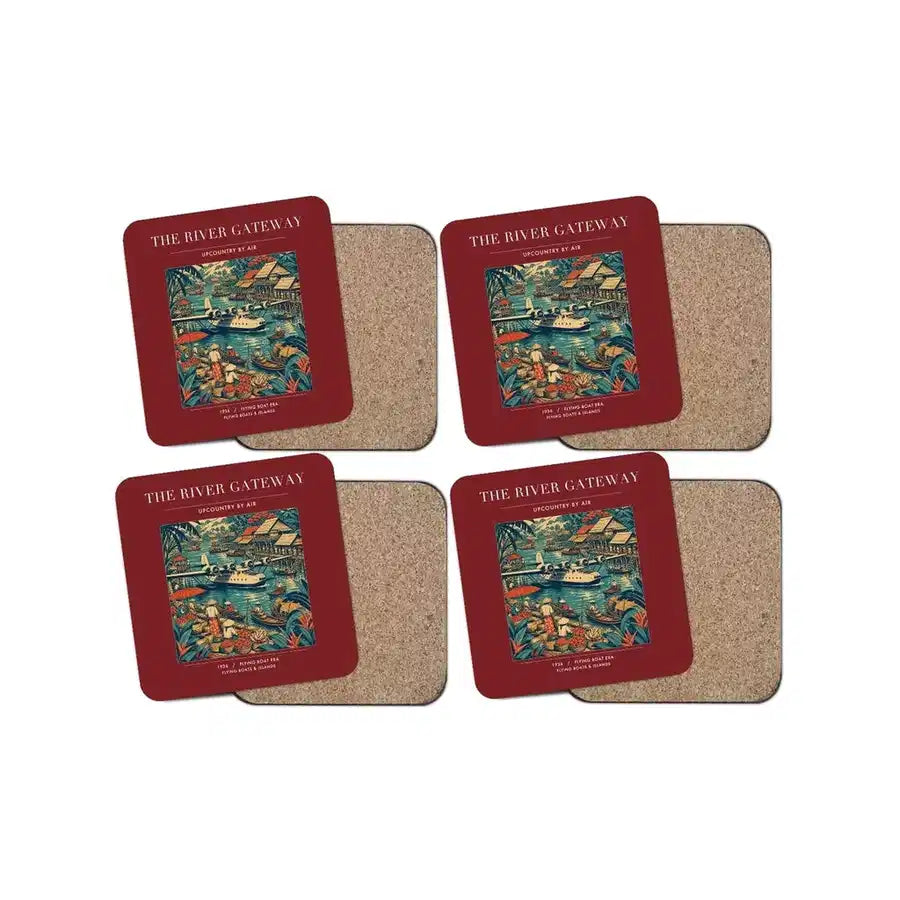 The River Gateway - Designed Coasters design on dark red 4-pieces-set