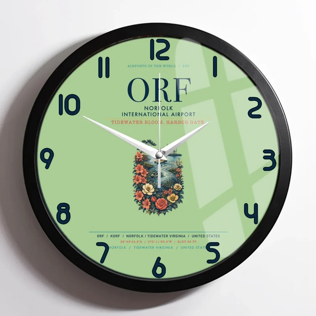 Norfolk International Airport (ORF) design on light green framed wall clock