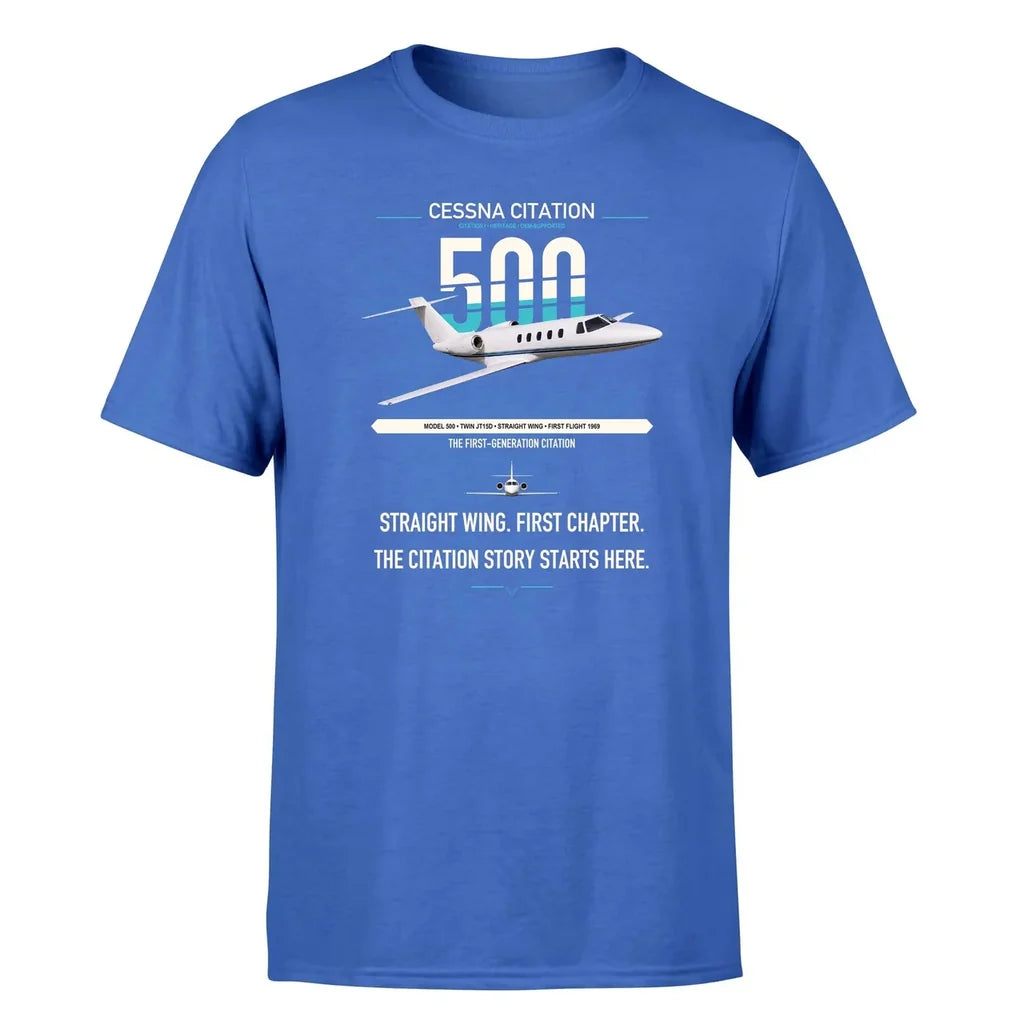 Cessna Citation 500 - Citation I design on blue double-side t-shirt, single-side print