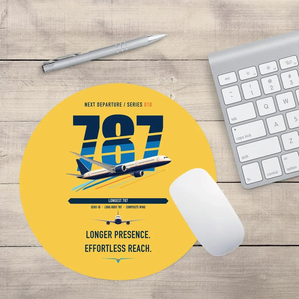 Boeing 787-10 Dreamliner design on yellow round mouse pad