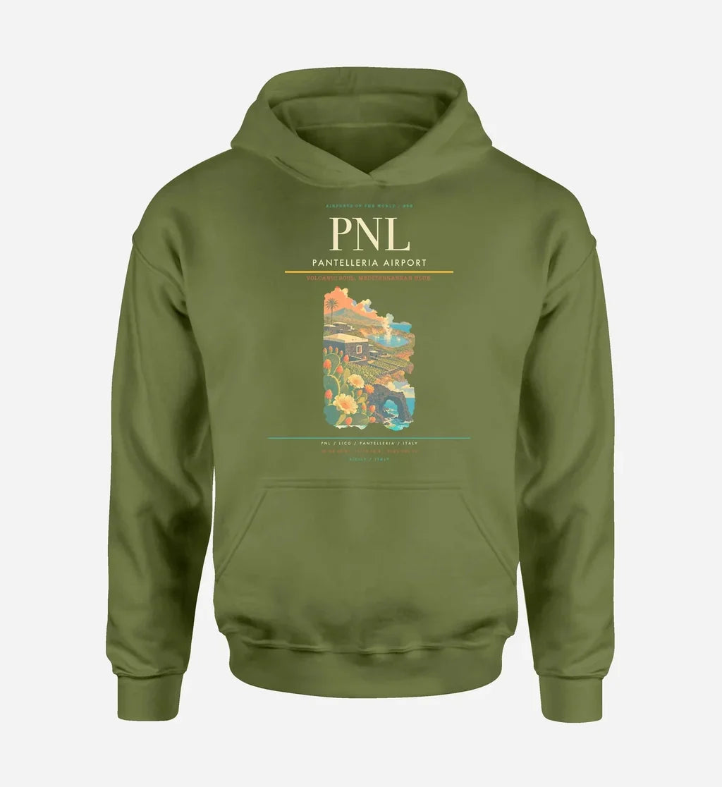 Pantelleria Airport (PNL) design on green army hoodie single-side print