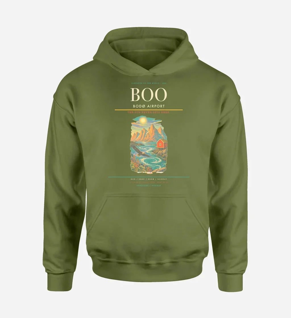Bodø Airport (BOO) design on green army hoodie single-side print