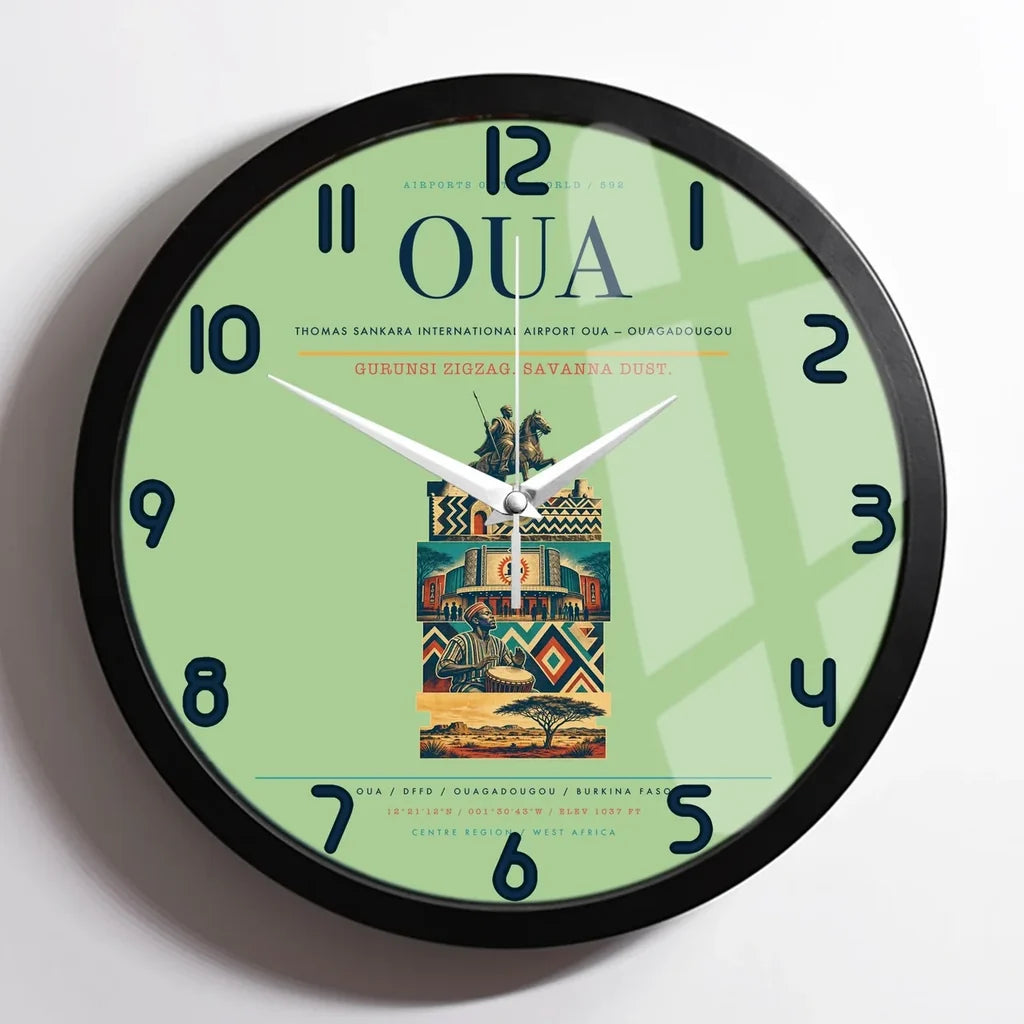 Thomas Sankara International Airport (OUA) design on light green framed wall clock