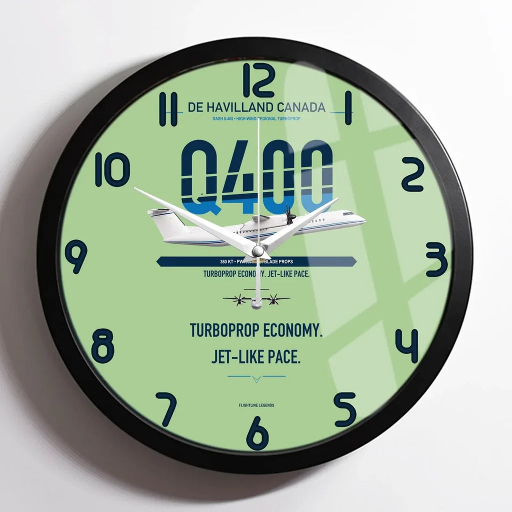 De Havilland Dash 8-400 design on light green framed wall clock