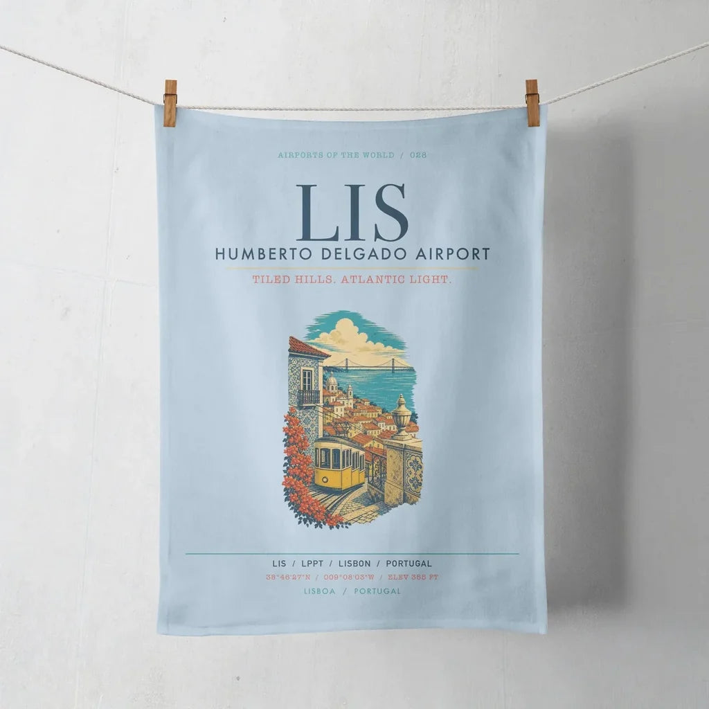 Lisbon Humberto Delgado Airport (LIS) design on light blue towel