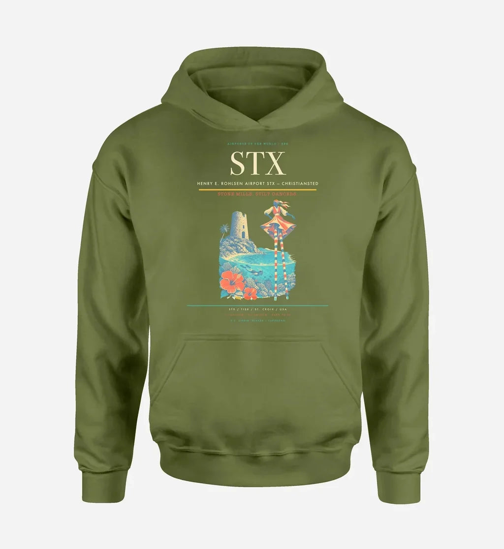 Henry E. Rohlsen Airport (STX) design on green army hoodie single-side print