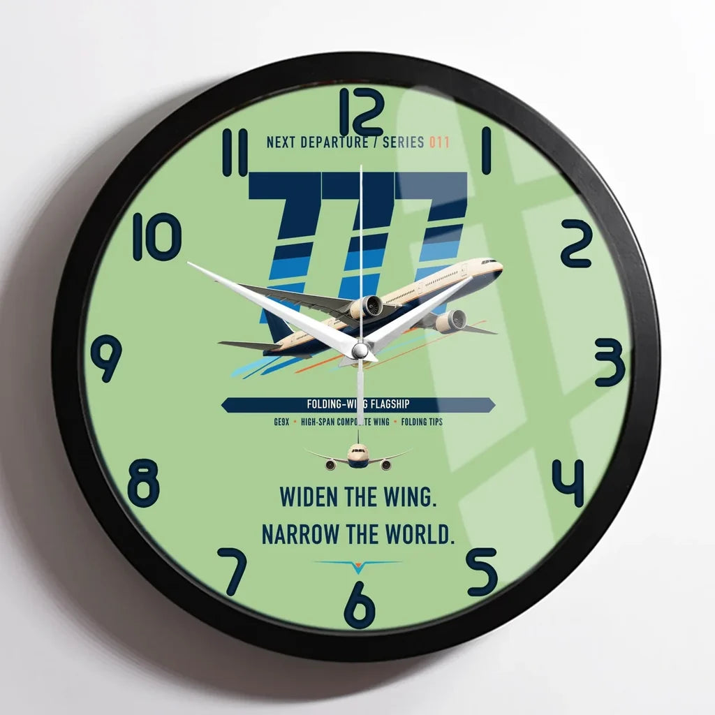 Boeing 777-9 design on light green framed wall clock