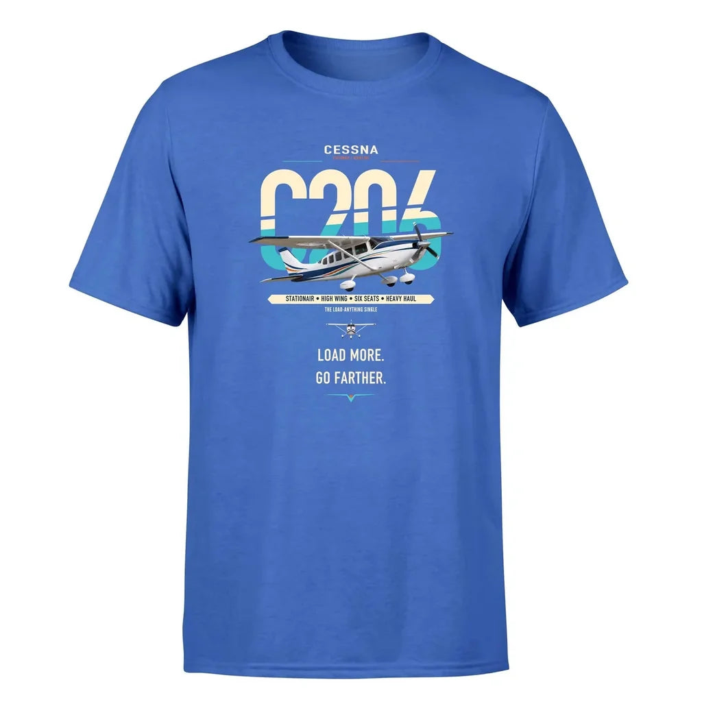 Cessna 206 Stationair design on blue t-shirt, single-side print