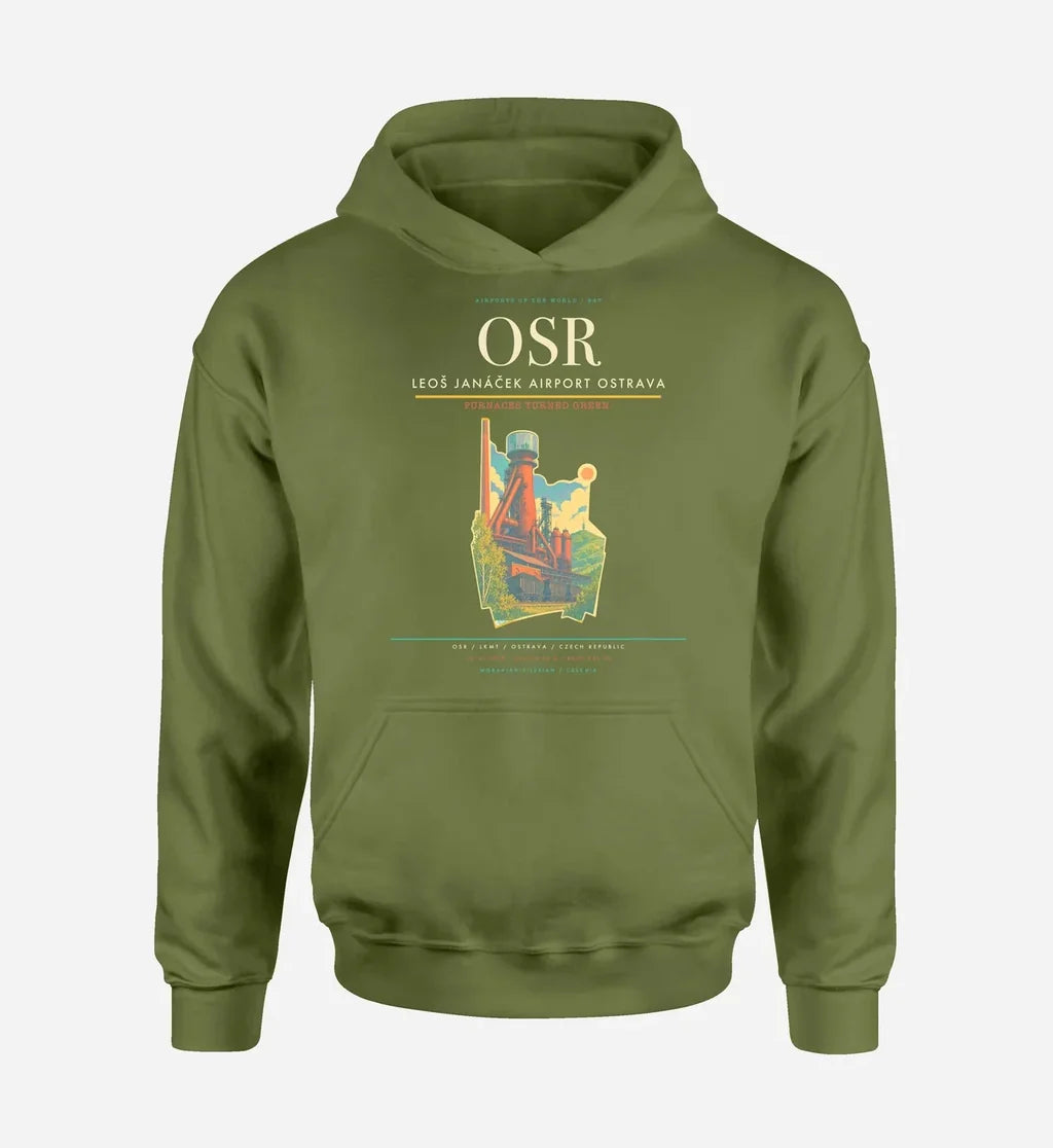 Leoš Janáček Airport Ostrava (OSR) design on green army hoodie single-side print