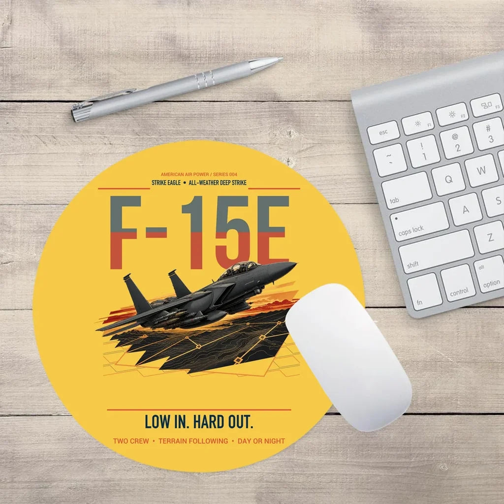 F-15E Strike Eagle design on yellow round mouse pad