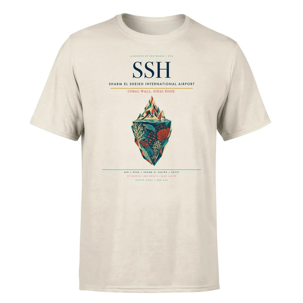 Sharm El Sheikh International Airport (SSH) T-Shirt single-side front print in Beige | sharm-el-sheikh-international-airport-ssh-double-side-t-shirt