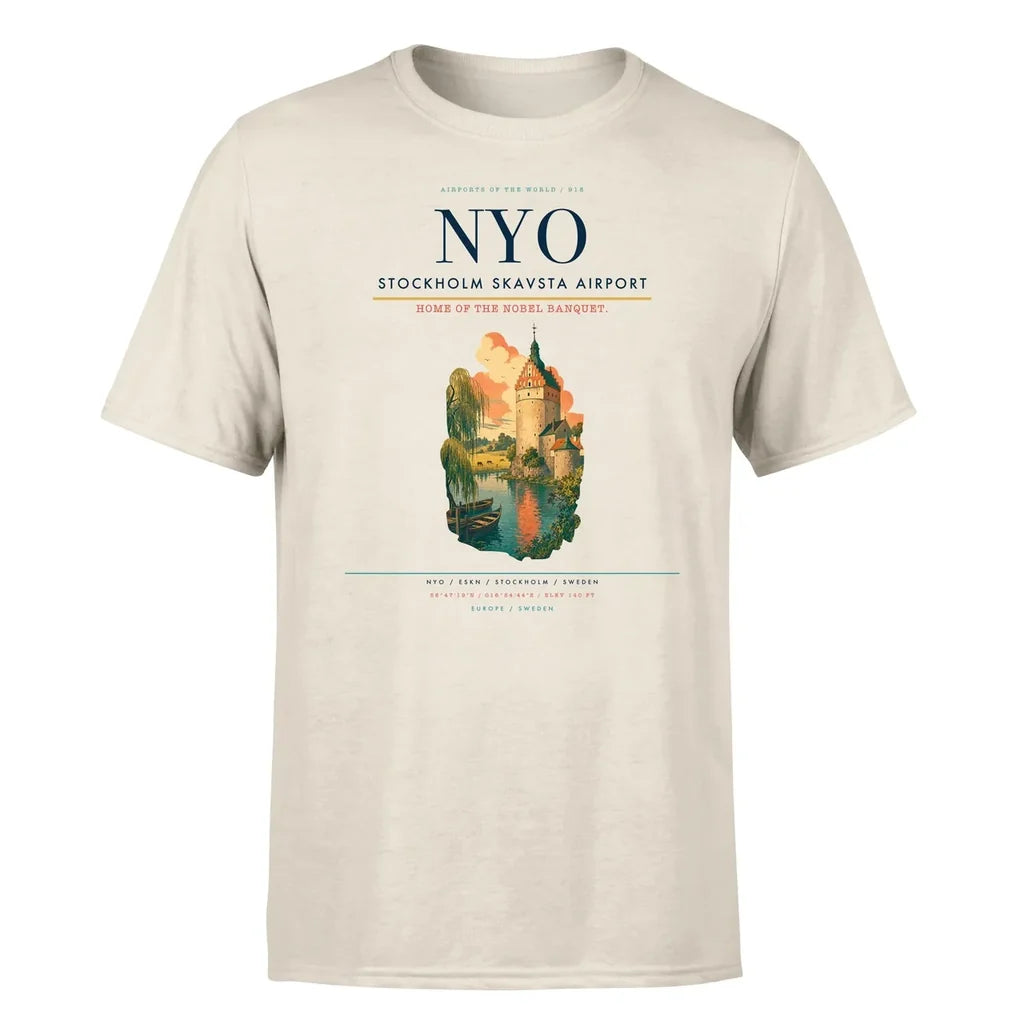 Stockholm Skavsta Airport (NYO) T-Shirt single-side front print in Beige | stockholm-skavsta-airport-nyo-double-side-t-shirt