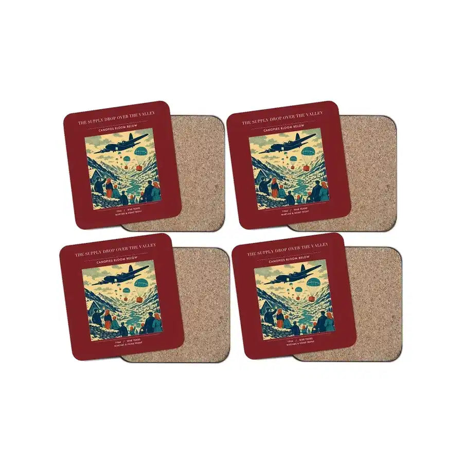 The Supply Drop Over The Valley - Designed Coasters design on dark red 4-pieces-set