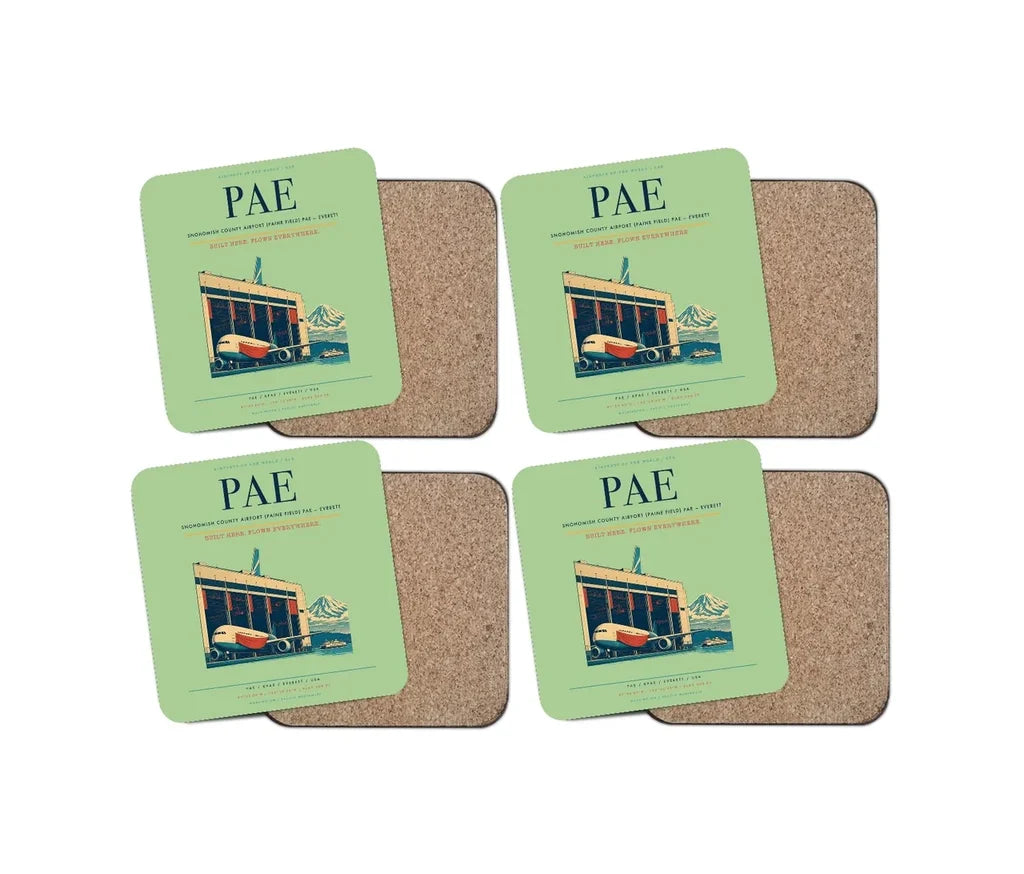 Snohomish County Airport (Paine Field) (PAE) design on light green 4 pieces set coaster