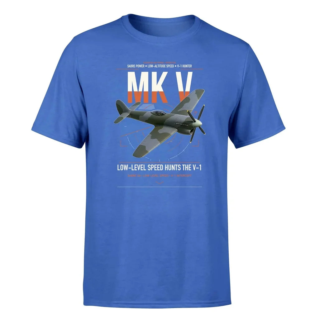 Hawker Tempest Mk V design on blue t-shirt, single-side print
