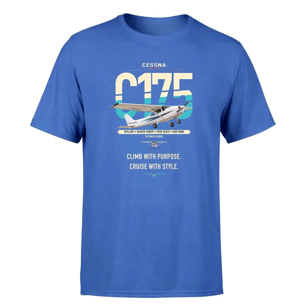 Cessna 175 Skylark design on blue t-shirt, single-side print