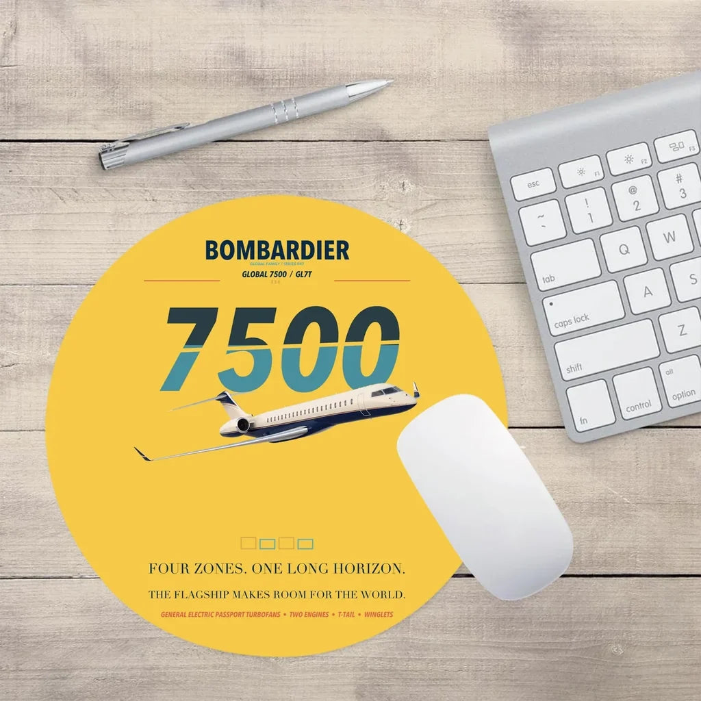 Bombardier Global 7500 design on yellow round mouse pad