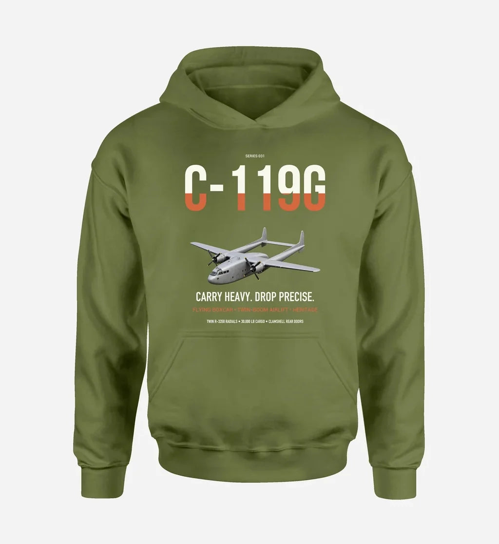 C-119G Flying Boxcar design on green army double-side hoodie, single-side print