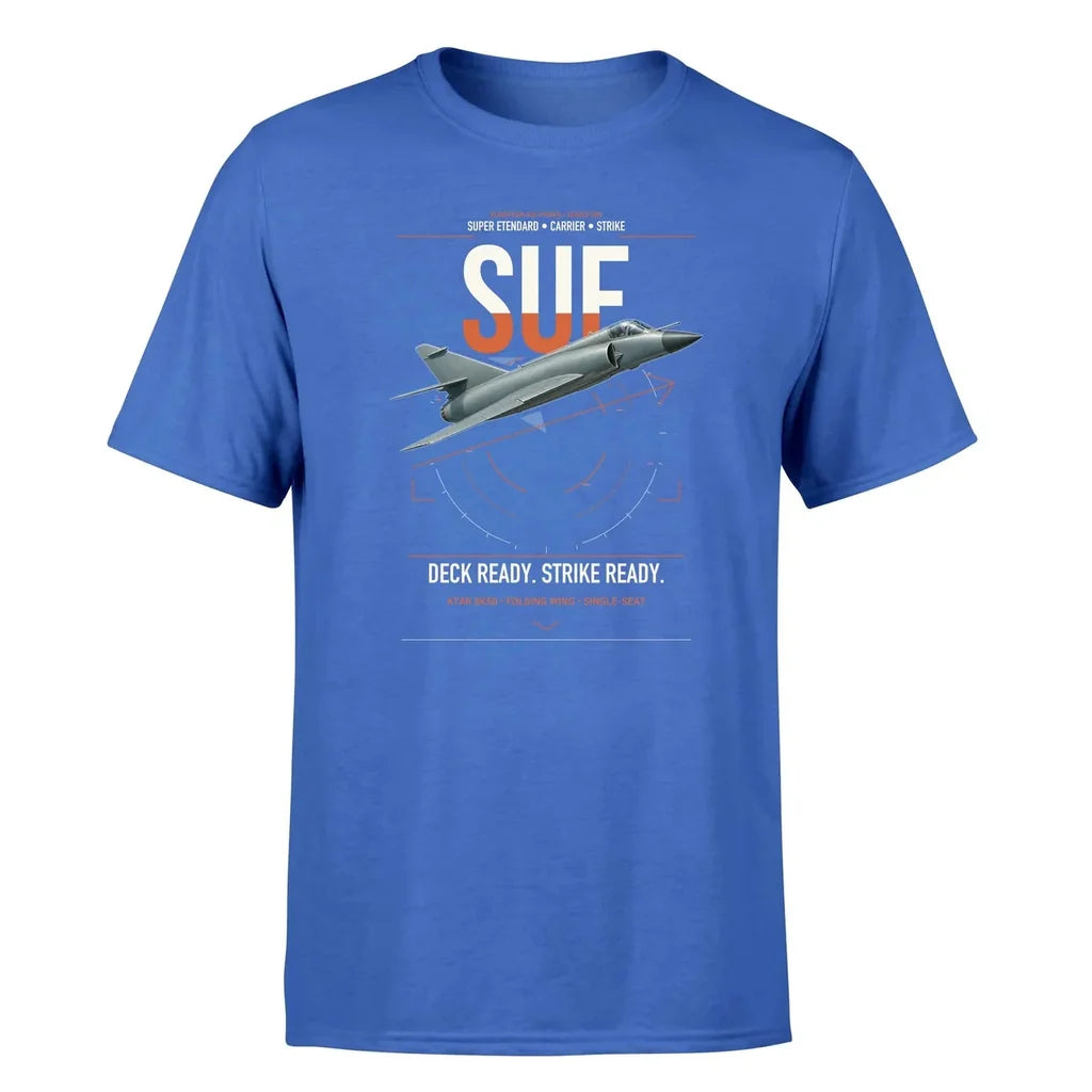 Dassault Super Étendard design on blue t-shirt, single-side print