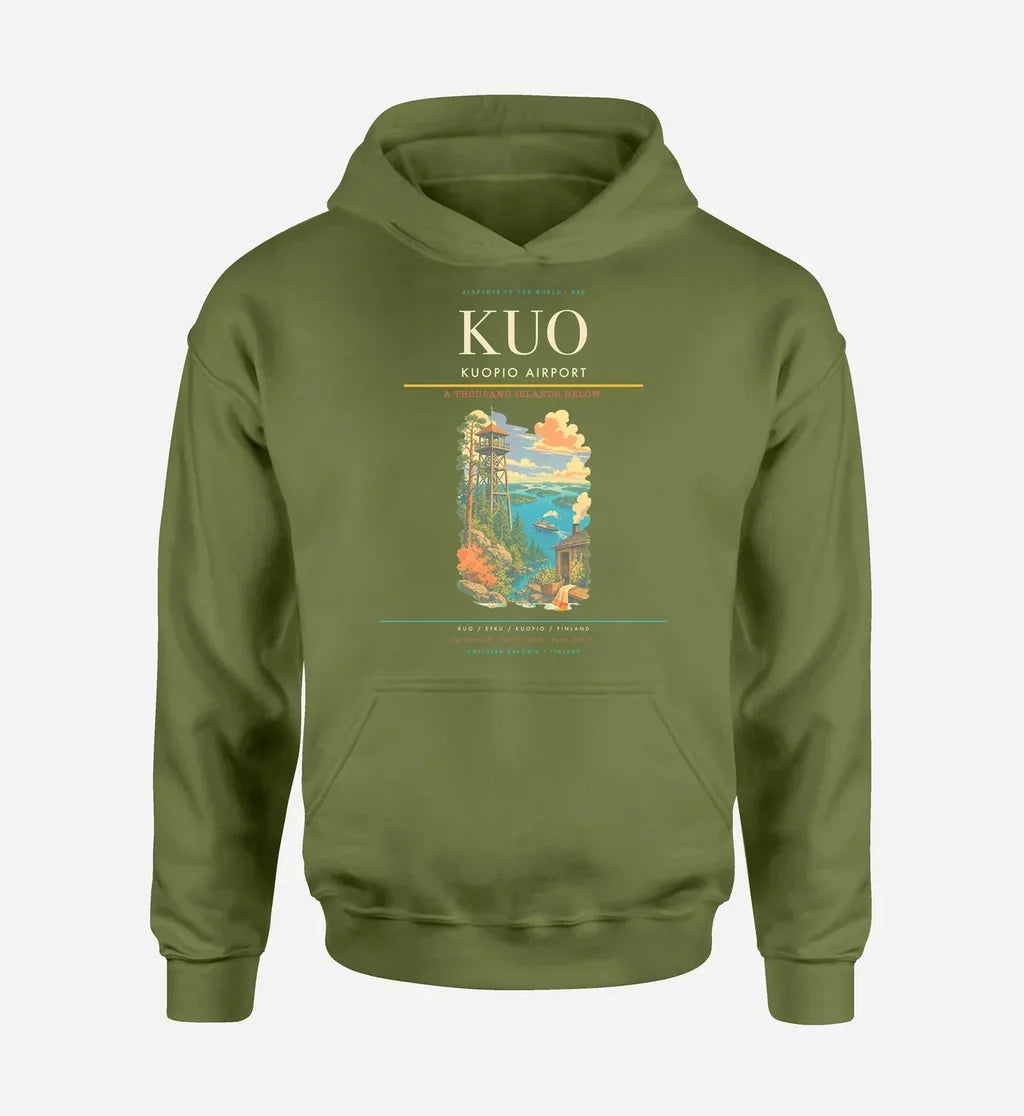 Kuopio Airport (KUO) design on green army hoodie single-side print
